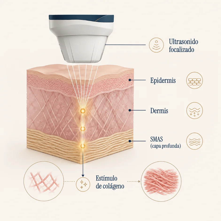 Ilustración del ultrasonido focalizado estimulando el colágeno en las capas profundas de la piel: epidermis, dermis y SMAS