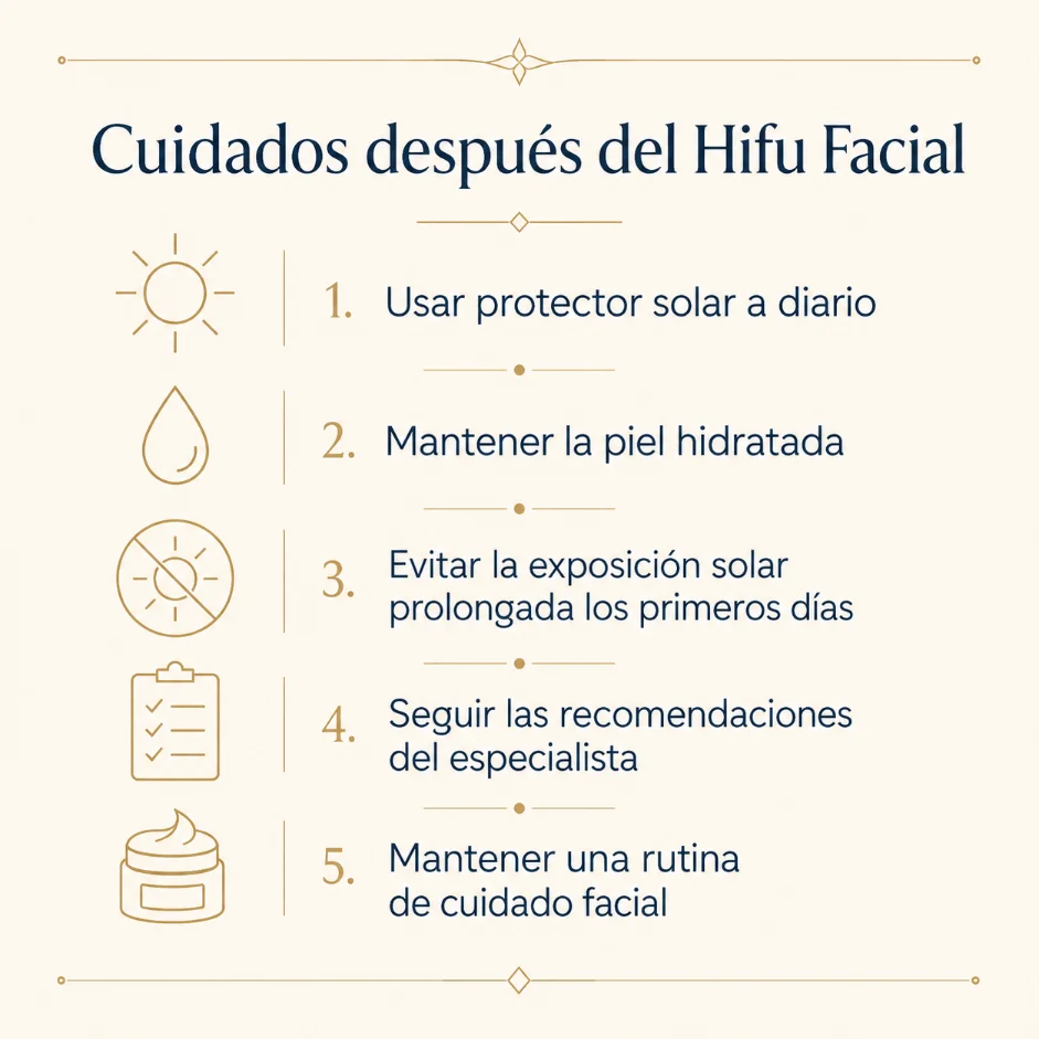Infografía con los cuidados posteriores: protector solar, hidratación, evitar el sol, seguir las recomendaciones y rutina de la piel