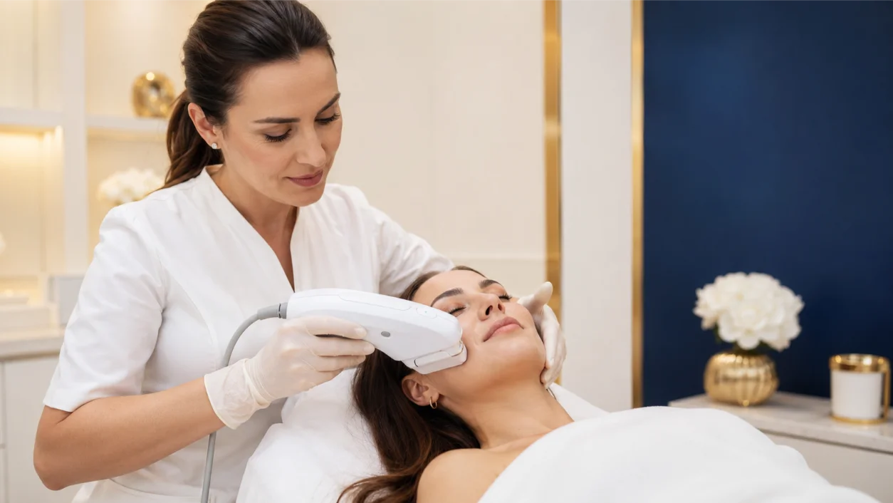Profesional aplicando el cabezal de ultrasonido HIFU en una clínica especializada de medicina estética