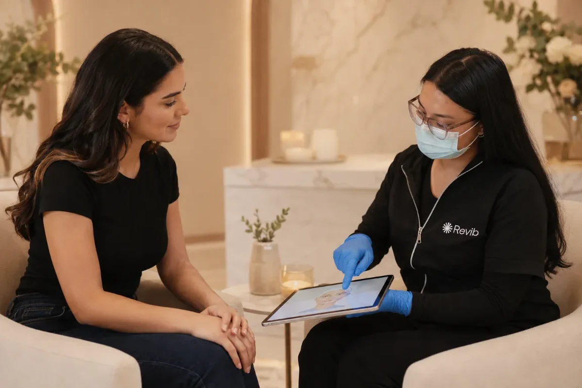 Esteticista explicando el plan de sesiones de depilación láser durante la valoración previa en Revib