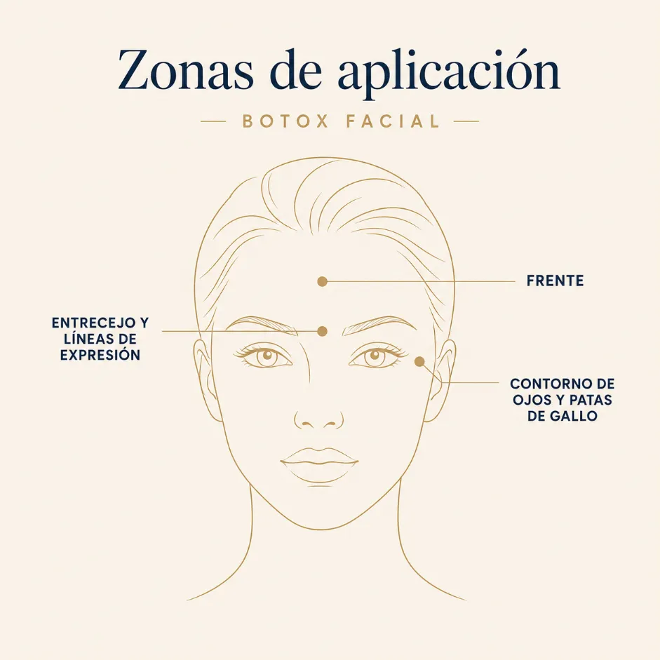 Zonas de aplicación del botox facial: frente, entrecejo y contorno de ojos