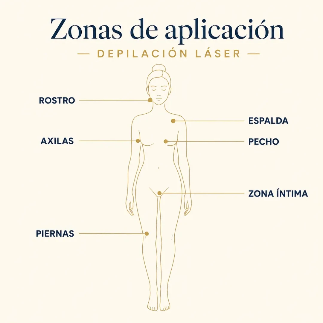 Infografía de las zonas del cuerpo tratables con depilación láser: rostro, axilas, piernas, zona íntima, espalda y pecho
