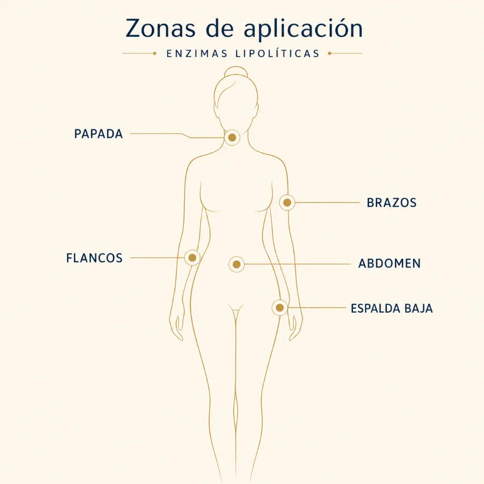 Zonas de aplicación de las enzimas lipolíticas: papada, brazos, flancos, abdomen y espalda baja