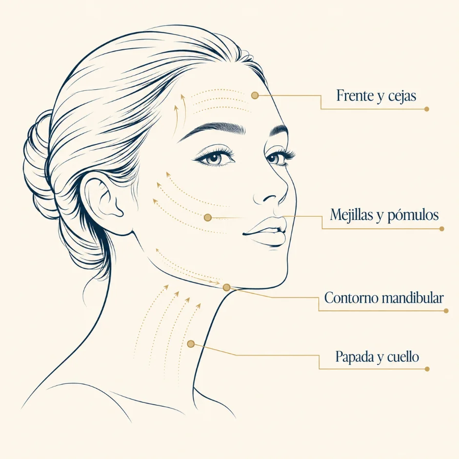 Diagrama de las zonas del rostro que se pueden reafirmar: papada, cuello, mejillas, mandíbula y cejas