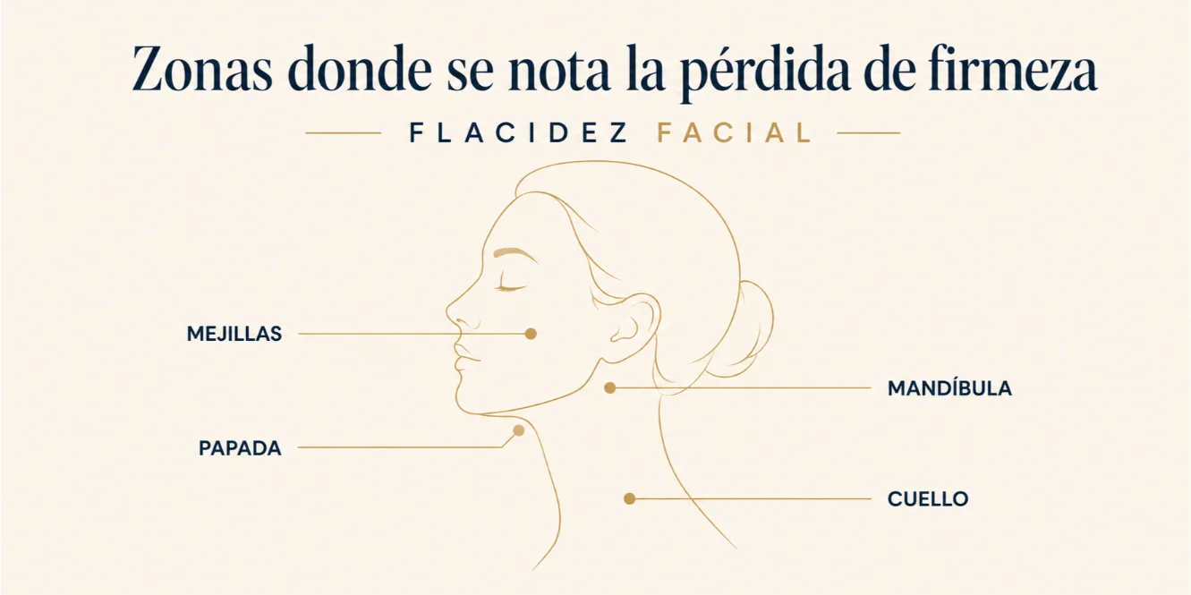 Zonas del rostro afectadas por la flacidez facial: mejillas, mandíbula, papada y cuello
