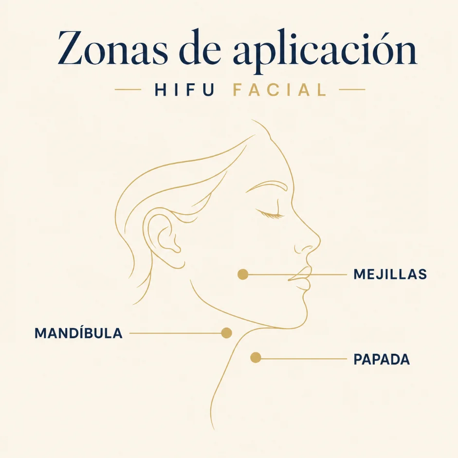 Zonas de aplicación del HIFU facial para tratar la flacidez facial