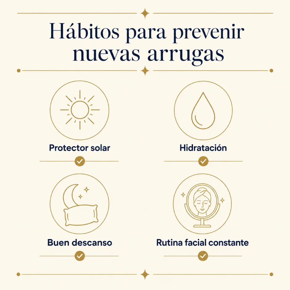Hábitos para prevenir nuevas arrugas: protector solar, hidratación, descanso y rutina facial