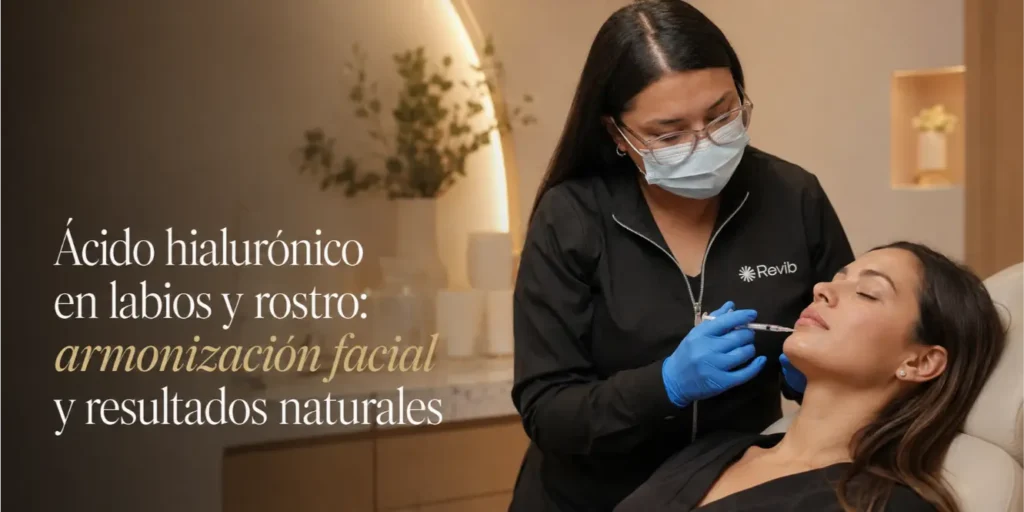 Esteticista de Revib aplicando ácido hialurónico en los labios de una paciente en Bogotá