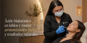 Esteticista de Revib aplicando ácido hialurónico en los labios de una paciente en Bogotá