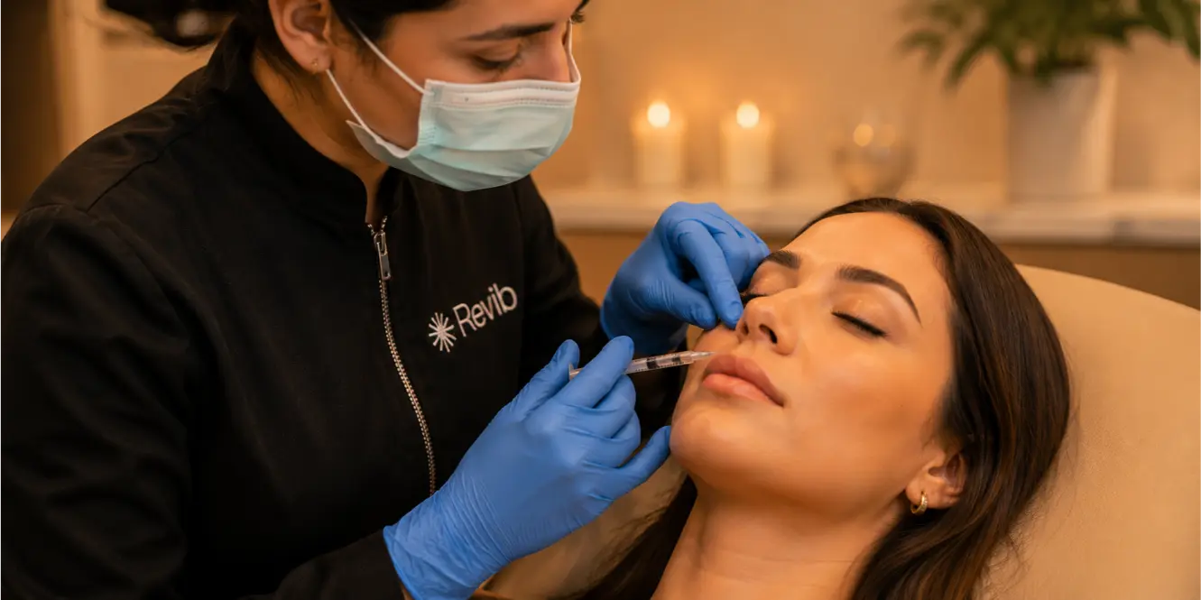 Especialista de Revib aplicando ácido hialurónico en los labios con jeringa fina en consultorio