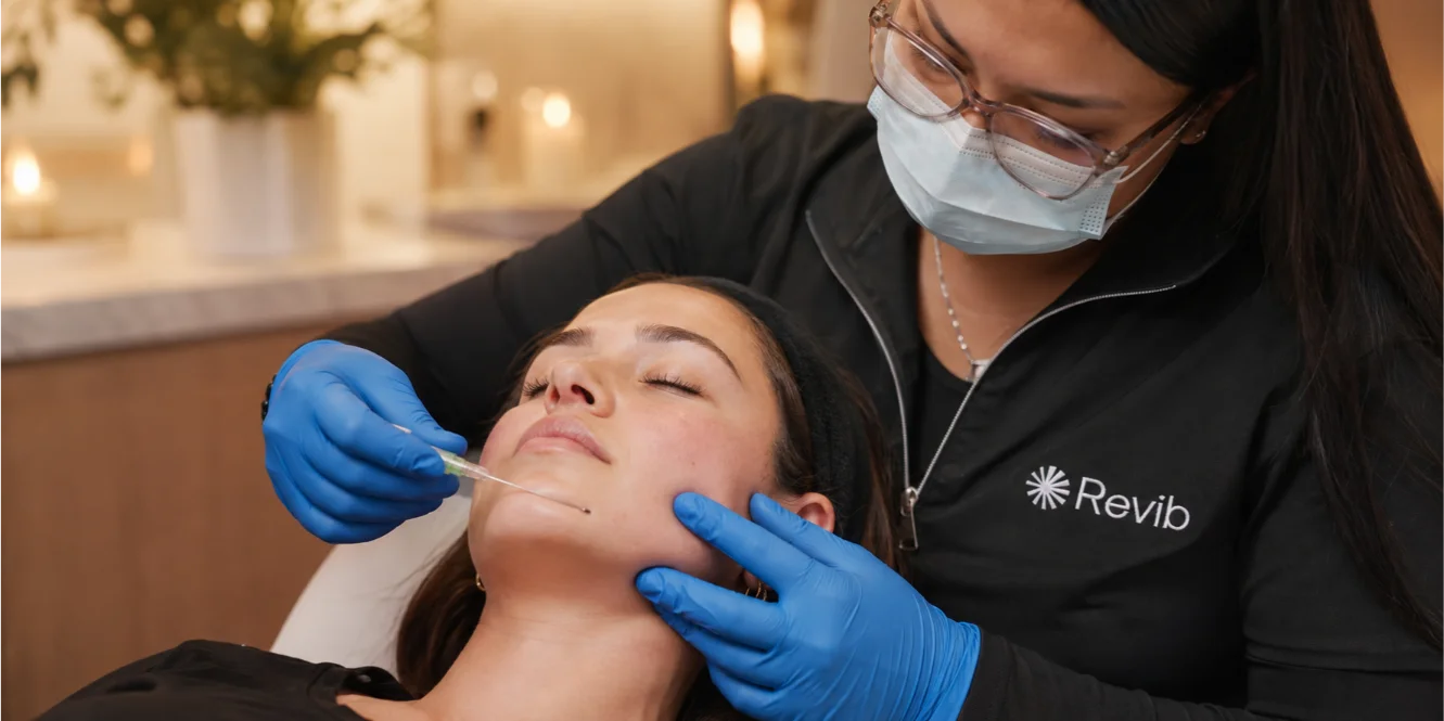 Aplicación de un tratamiento de rejuvenecimiento facial en el consultorio de Revib