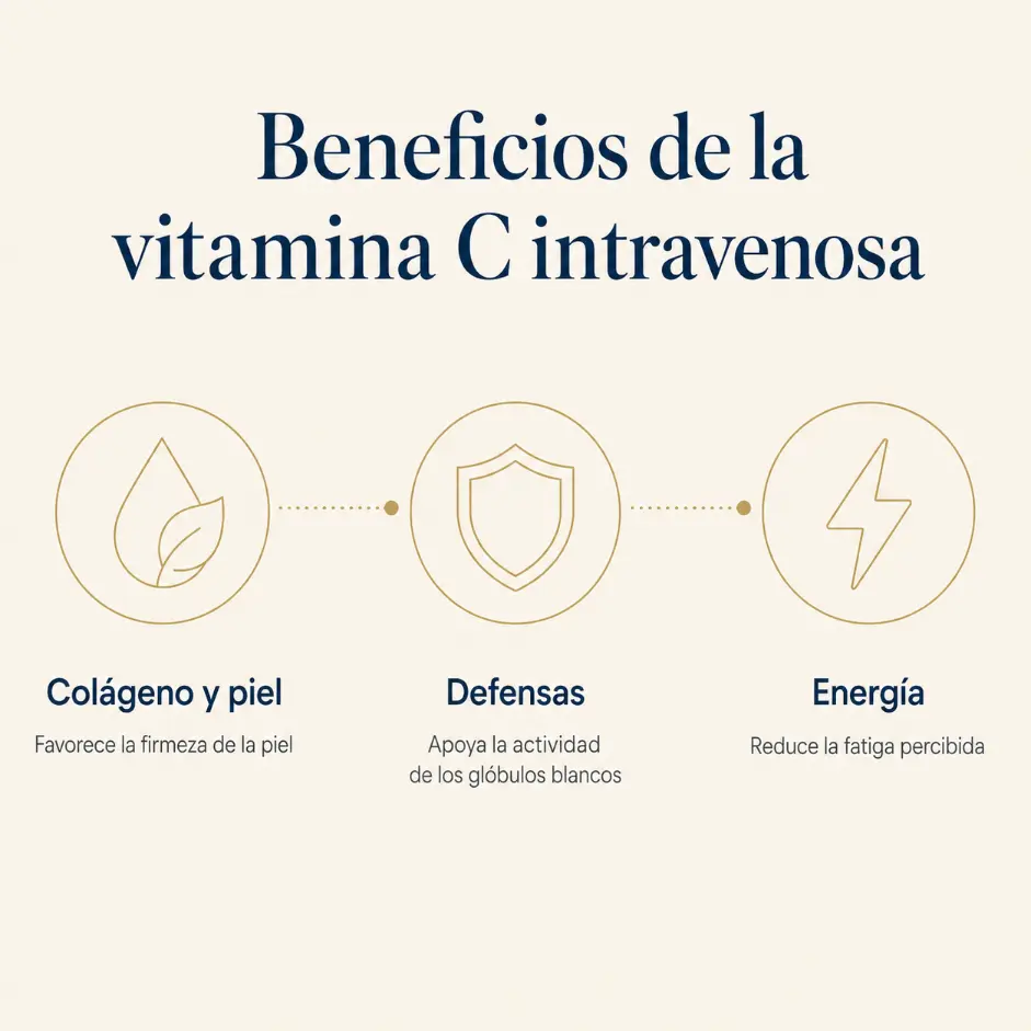 Infografía de los beneficios de la vitamina C intravenosa: colágeno, defensas y energía