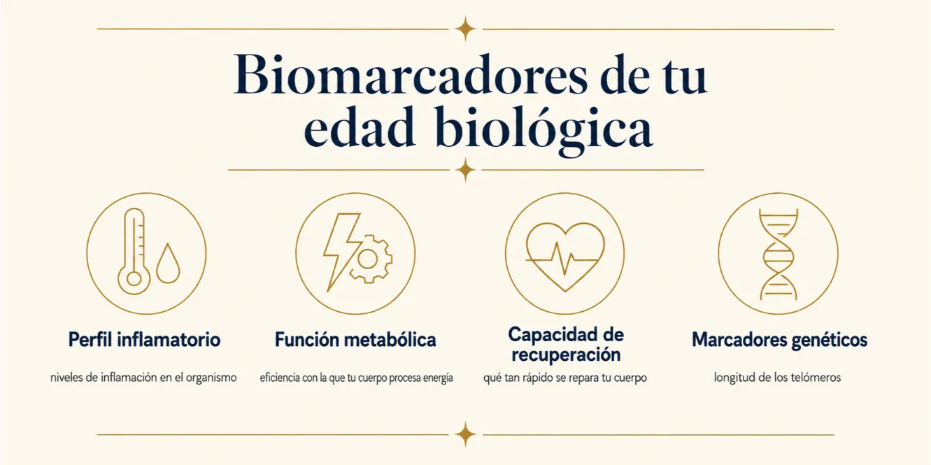 Infografía con los biomarcadores que definen la edad biológica: perfil inflamatorio, función metabólica, capacidad de recuperación y marcadores genéticos