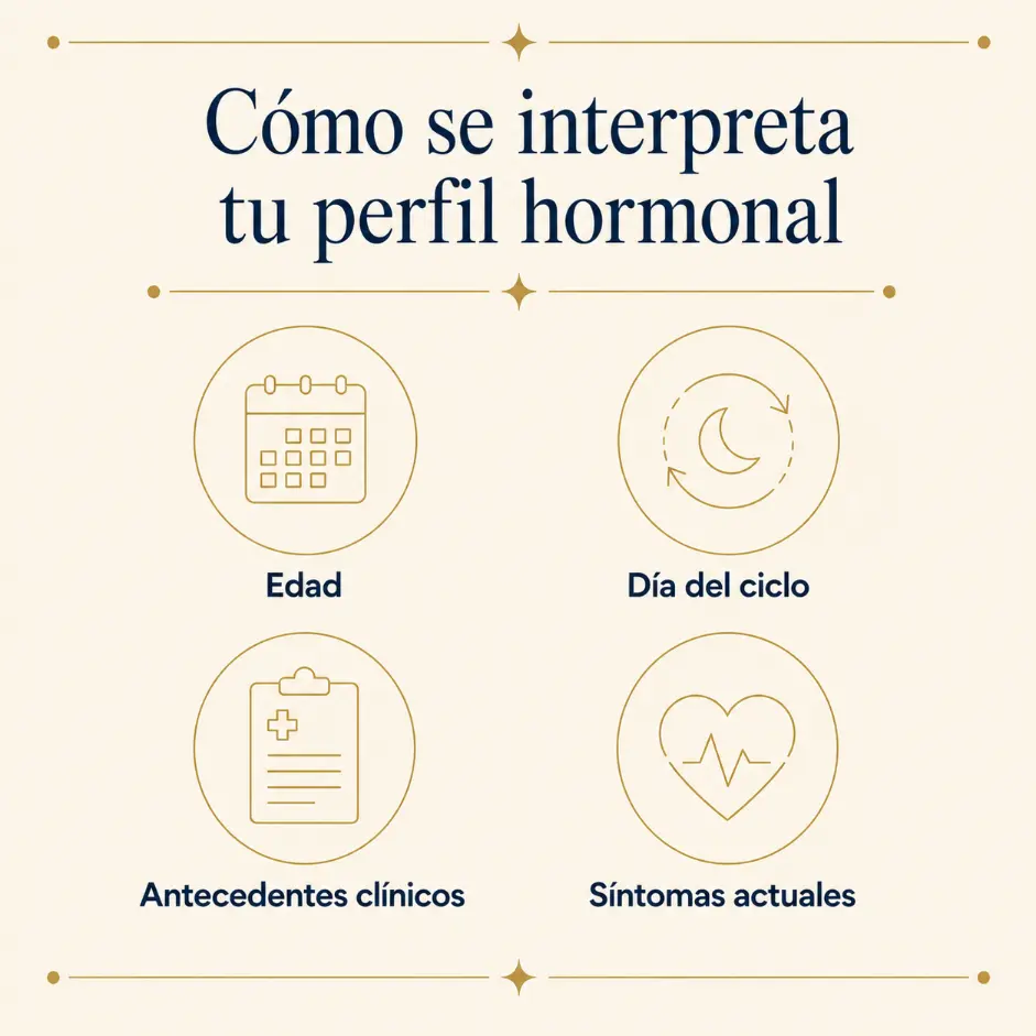 Infografía con los factores que se tienen en cuenta al interpretar un perfil hormonal: edad, día del ciclo, antecedentes y síntomas