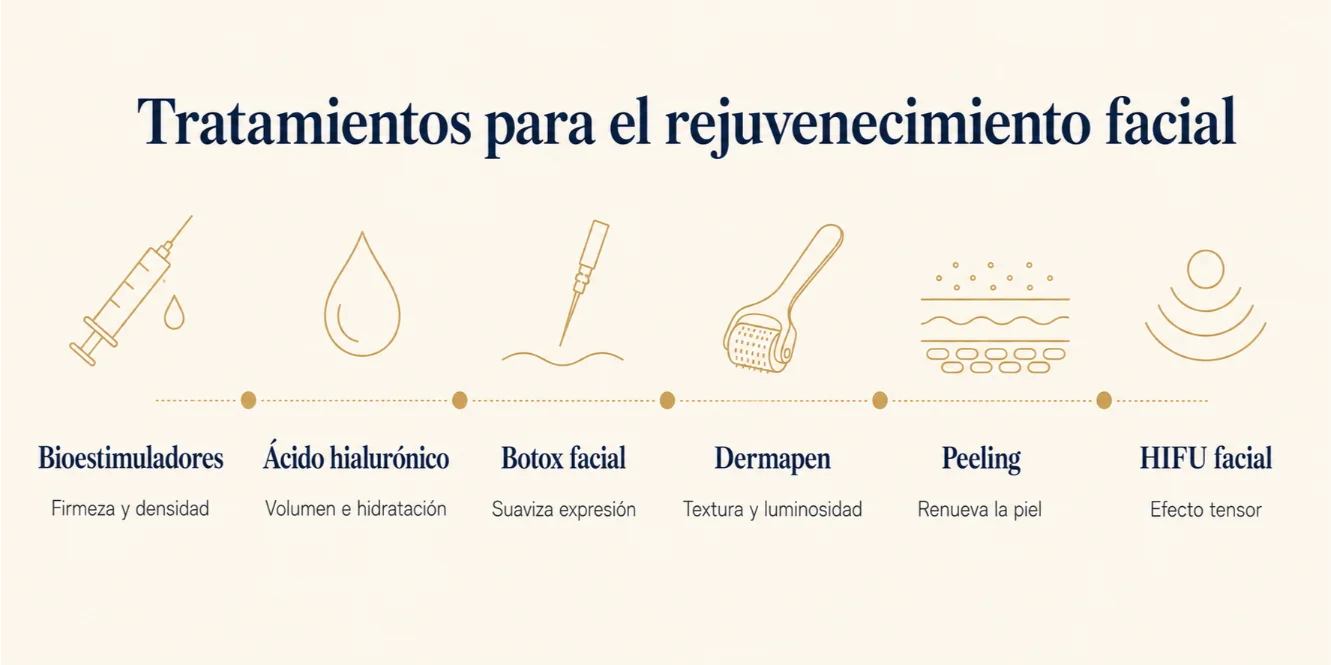 Comparativa de tratamientos de rejuvenecimiento facial: bioestimuladores, ácido hialurónico, botox, Dermapen, peeling e HIFU facial