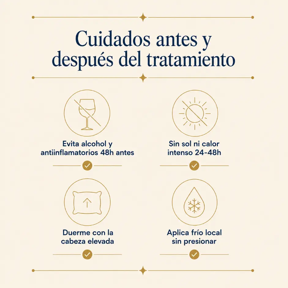 Infografía de cuidados antes y después de aplicarse ácido hialurónico