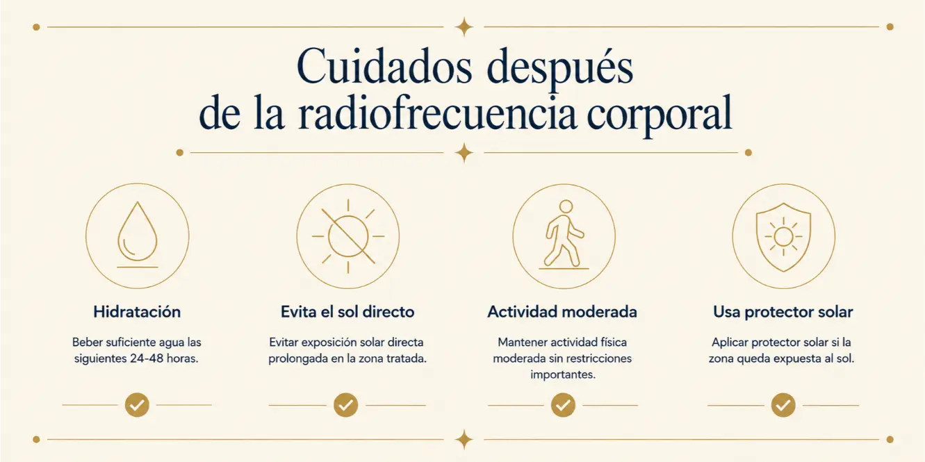 Cuidados después de la radiofrecuencia corporal: hidratación, sol, actividad y protector solar