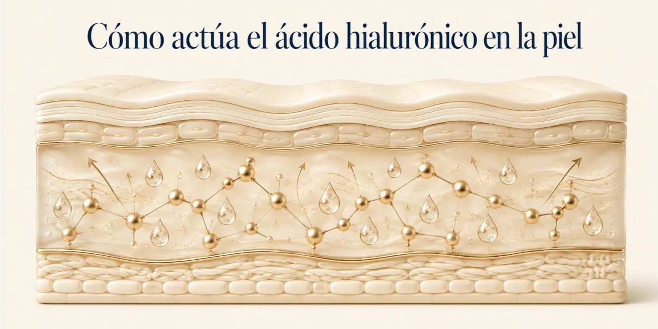 Infografía de cómo actúa el ácido hialurónico reteniendo agua en las capas de la piel