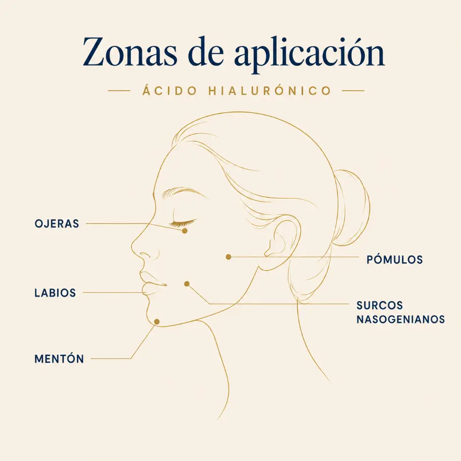 Infografía de las zonas del rostro donde se aplica el ácido hialurónico: labios, ojeras, surcos nasogenianos, pómulos y mentón