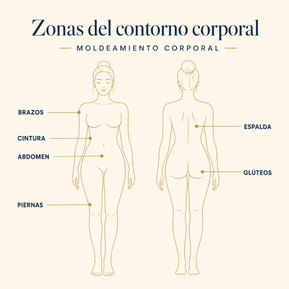 Mapa de las 6 zonas del cuerpo donde se trabaja el moldeamiento corporal