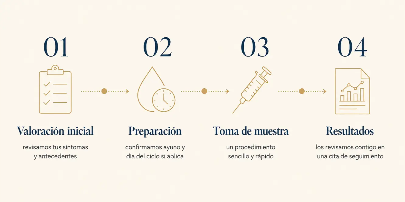 Infografía con los pasos para hacerte un perfil hormonal en Revib: valoración, preparación, toma de muestra y resultados