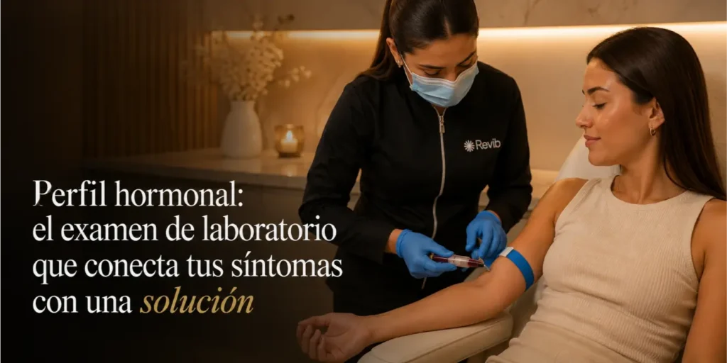 Profesional de Revib realizando la toma de muestra para un perfil hormonal a una paciente en la clínica