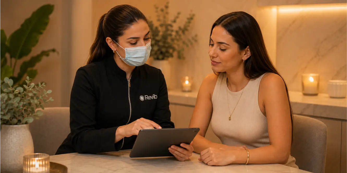 Equipo médico de Revib revisando la historia clínica de una paciente antes de la sueroterapia de vitamina C