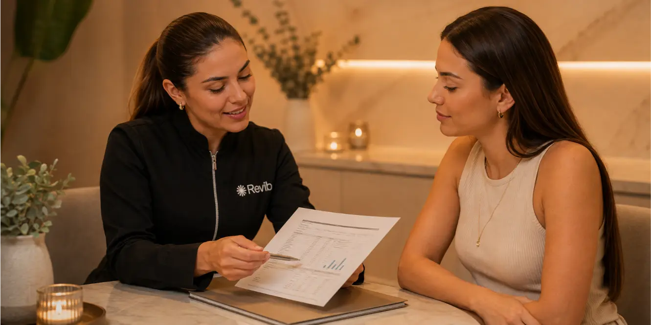 Profesional de Revib revisando los resultados del perfil hormonal junto a una paciente