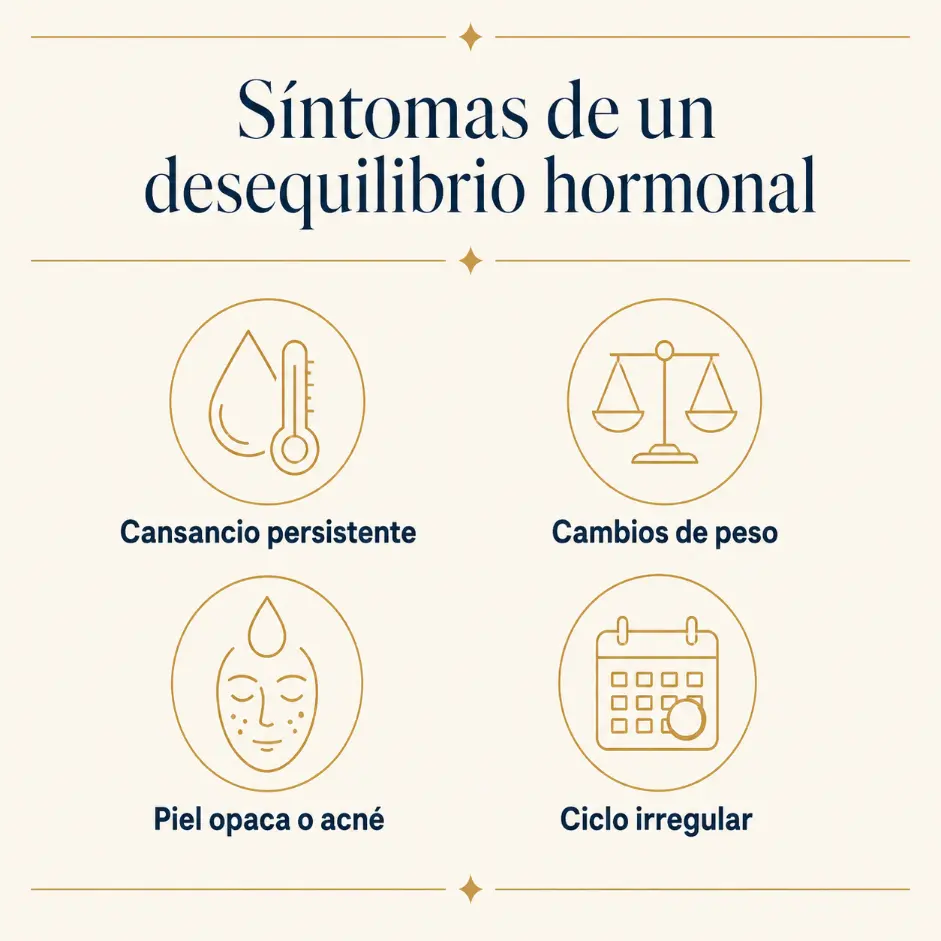 Infografía con los síntomas de un desequilibrio hormonal en la mujer: cansancio, cambios de peso, piel opaca y ciclo irregular