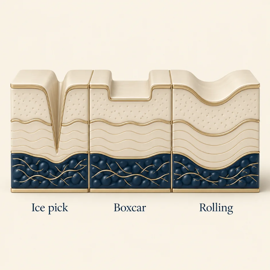 Corte transversal comparando cicatrices ice pick, boxcar y rolling