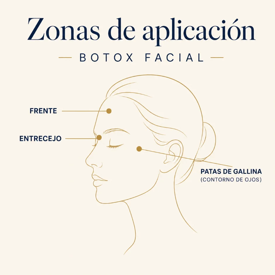 Zonas de aplicación de Botox facial: frente, entrecejo y patas de gallina