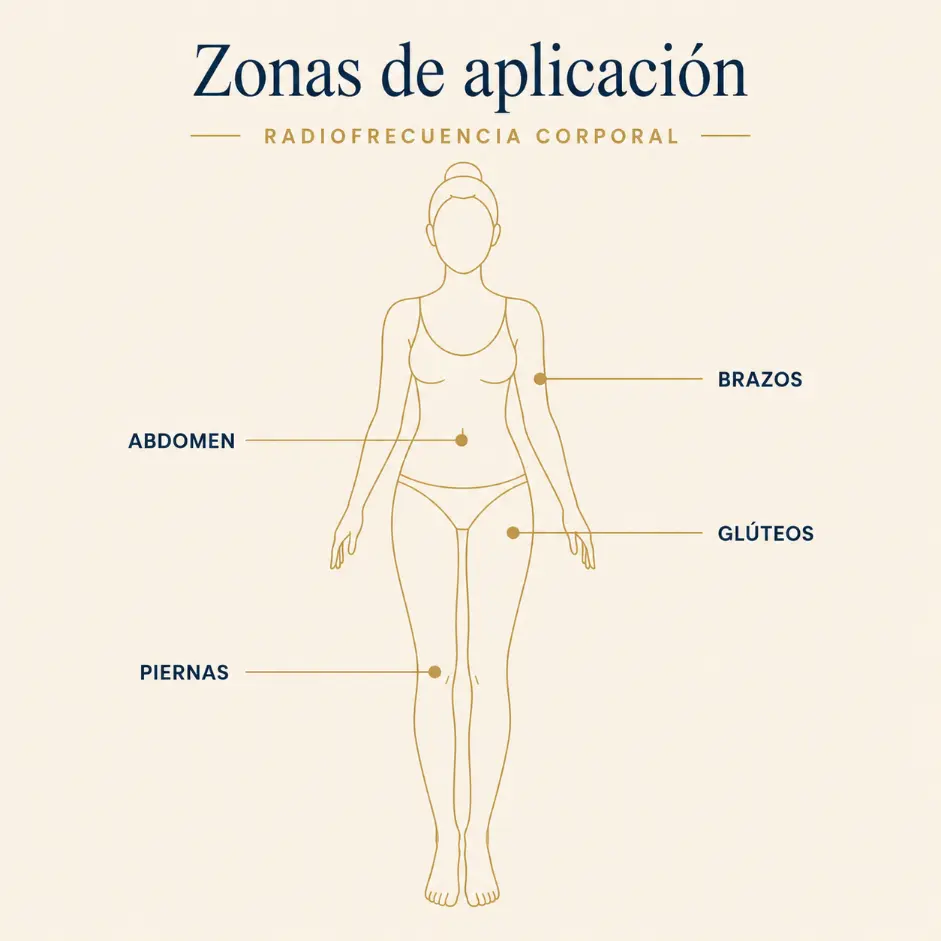 Zonas de aplicación de la radiofrecuencia corporal: abdomen, brazos, piernas y glúteos