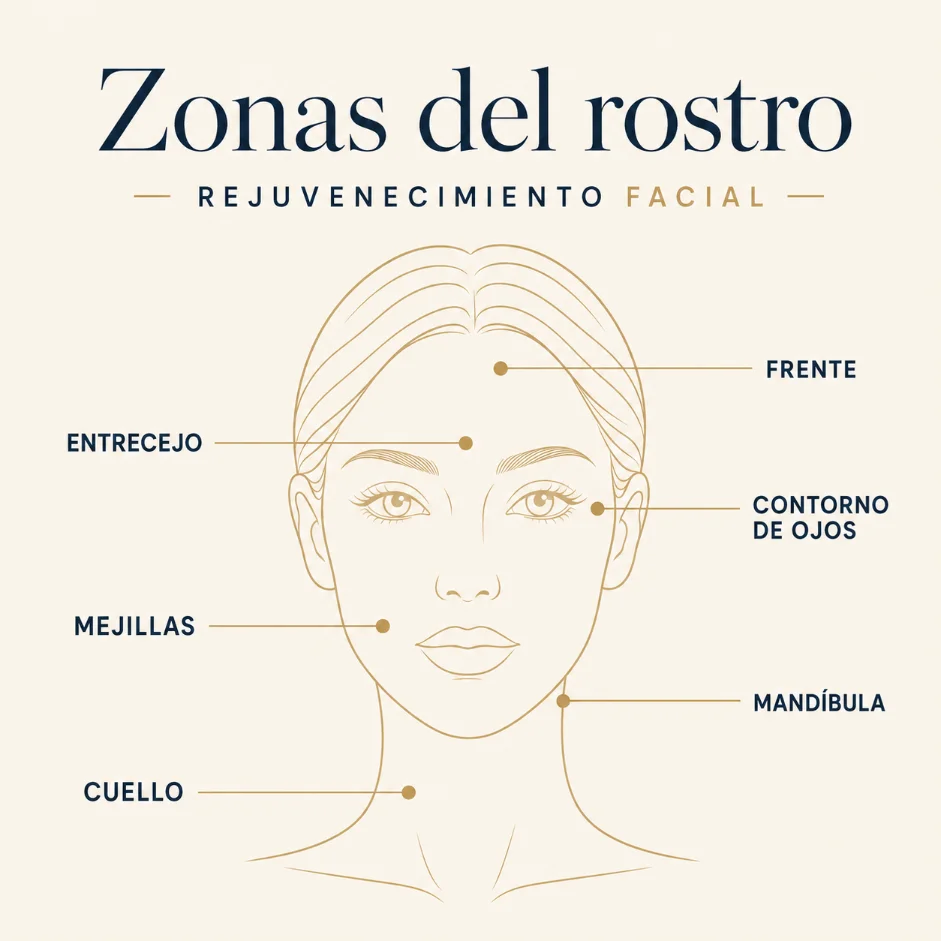 Mapa de las zonas del rostro donde se aplica el rejuvenecimiento facial: frente, entrecejo, contorno de ojos, mejillas, mandíbula y cuello
