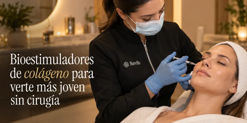 Esteticista de Revib aplicando bioestimulador de colágeno en el rostro de una paciente