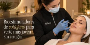 Esteticista de Revib aplicando bioestimulador de colágeno en el rostro de una paciente