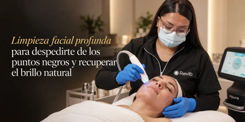 Esteticista de Revib realizando una limpieza facial profunda con energía galvánica