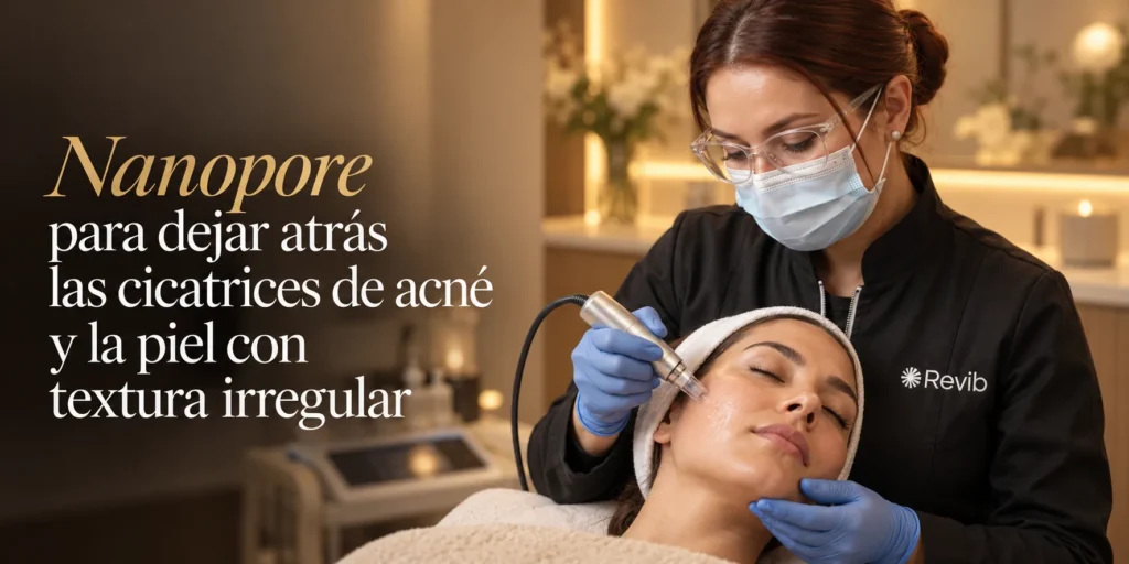 Esteticista de Revib aplicando Nanopore en el rostro de una paciente
