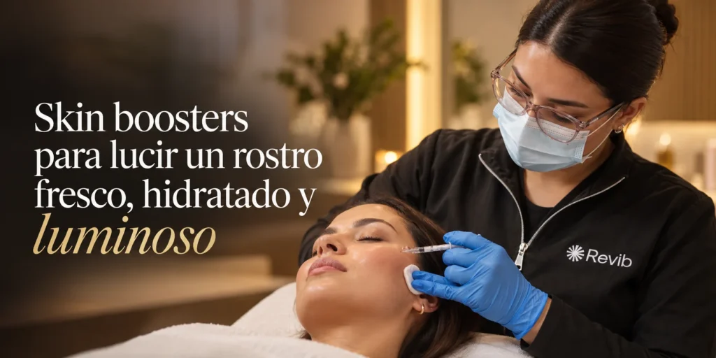 Esteticista de Revib aplicando skin boosters en el rostro de una paciente