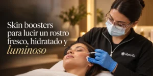 Esteticista de Revib aplicando skin boosters en el rostro de una paciente